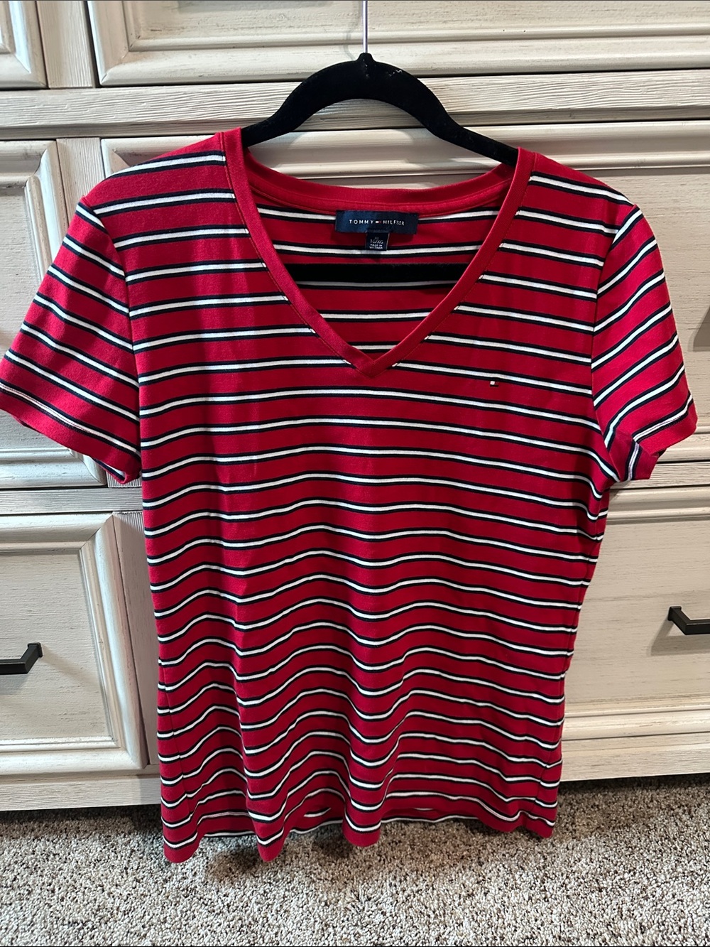Tommy Hilfiger Red Striped V-Neck Short Sleeve Tee